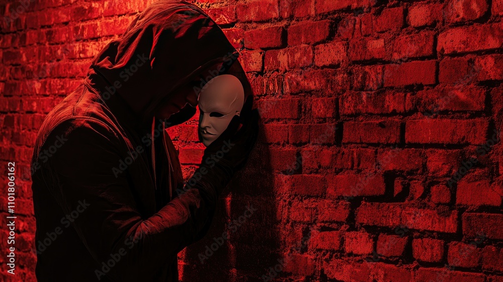 Naklejka premium A mysterious man in a hoodie leaning against a brick wall, holding a white mask under dim red lighting.