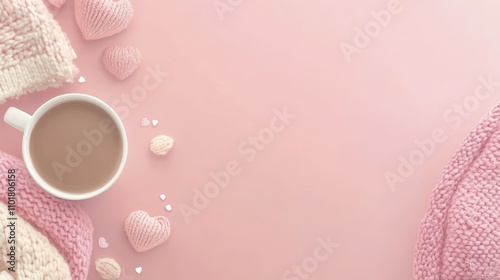 Cozy winter setup with a warm drink and soft pastel decorations on a pink bac...