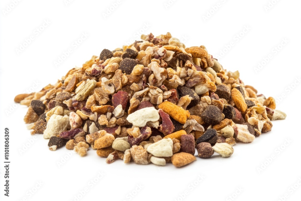 A compact arrangement of mixed nuts and raisins on a white background, ideal for use in recipes or as a visual aid