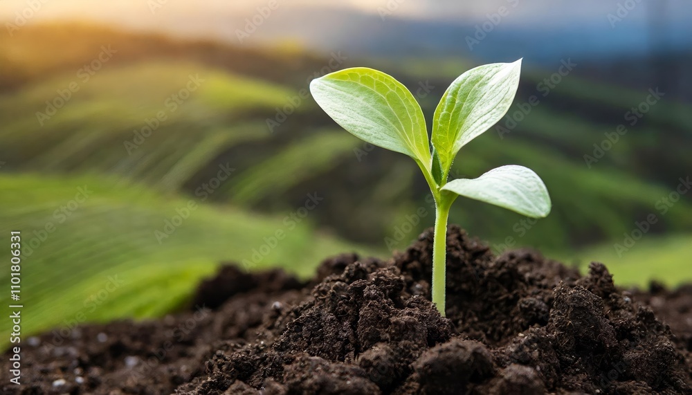 Tender green sprout growing from rich, dark soil illuminated by sunlight, symbolizing growth, renewal, and the resilience of nature in a nurturing environment. Tender green sprout growing from rich, dark soil illuminated by sunlight, symbolizing growth, renewal, and the resilience of nature in a nurturing environment.