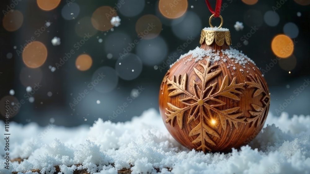 Christmas card with wooden ball with snowflake pattern. Christmas card with wooden ball with snowflake pattern.
