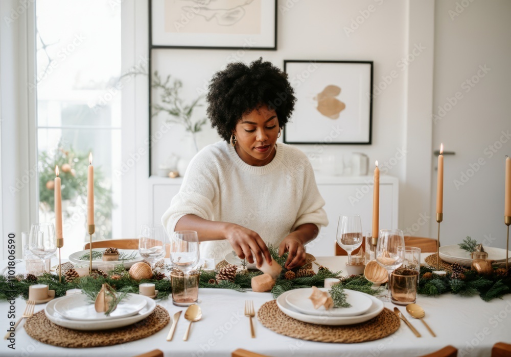 African-American woman preparing festive table with candles and greenery in modern dining room African-American woman preparing festive table with candles and greenery in modern dining room