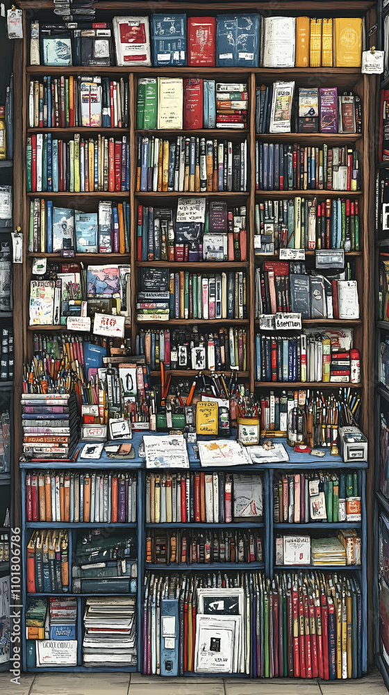 Overstuffed bookshelves and desk filled with books, stationery, and art supplies. Overstuffed bookshelves and desk filled with books, stationery, and art supplies.