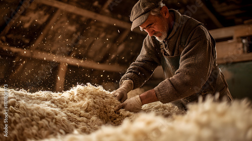 Wool Harvesting in Action: The Dedicated Sheep Shearer and the Beautiful Barn Environment photo