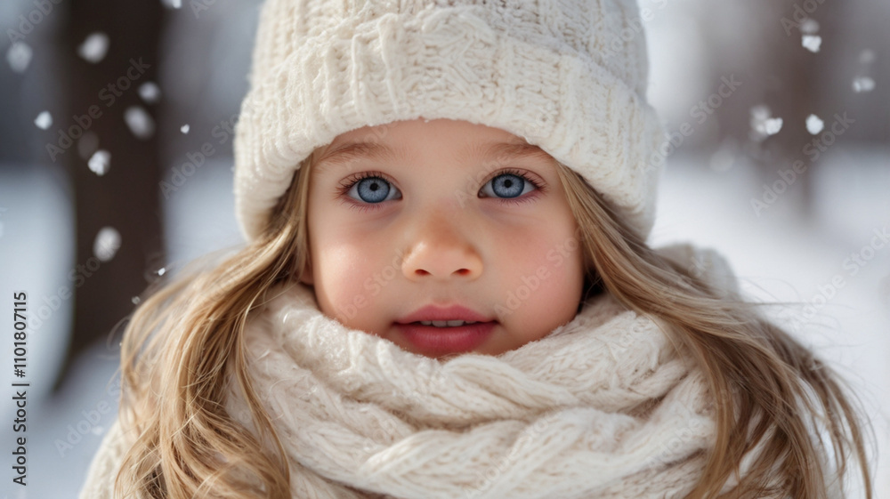 Portrait of cute little girl in woolen hat and wrapped in woolen scarf outside on the cold snowy winter day Portrait of cute little girl in woolen hat and wrapped in woolen scarf outside on the cold snowy winter day
