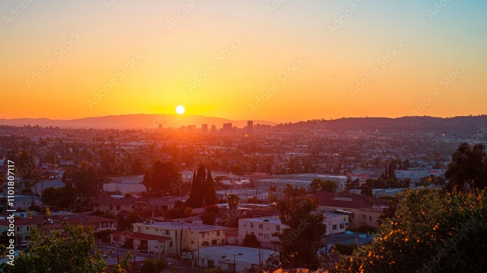 Sunset over Cityscape Suburban Homes and Distant Skyline Sunset over Cityscape Suburban Homes and Distant Skyline
