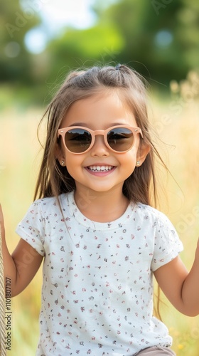 Young girl enjoying playful moments outdoors in sunny weather with stylish su...