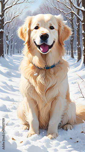 Golden retriever waiting in winterland photo