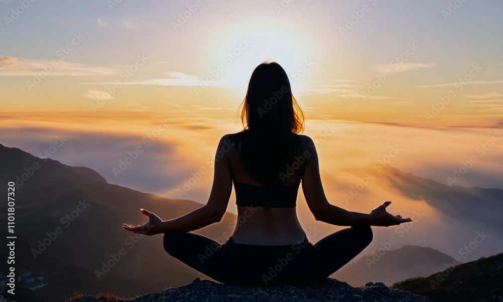 Woman meditating on a mountain peak at sunset for inner peace