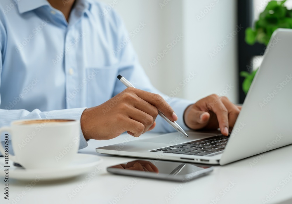 Man working on laptop with coffee and smartphone on table in office setting Man working on laptop with coffee and smartphone on table in office setting