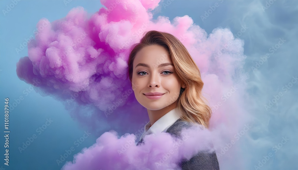A young woman gracefully enveloped by a swirling cloud of vibrant purple and pink smoke, captured against a soothing pastel blue background, showcasing a blend of artistry and dreamlike A young woman gracefully enveloped by a swirling cloud of vibrant purple and pink smoke, captured against a soothing pastel blue background, showcasing a blend of artistry and dreamlike