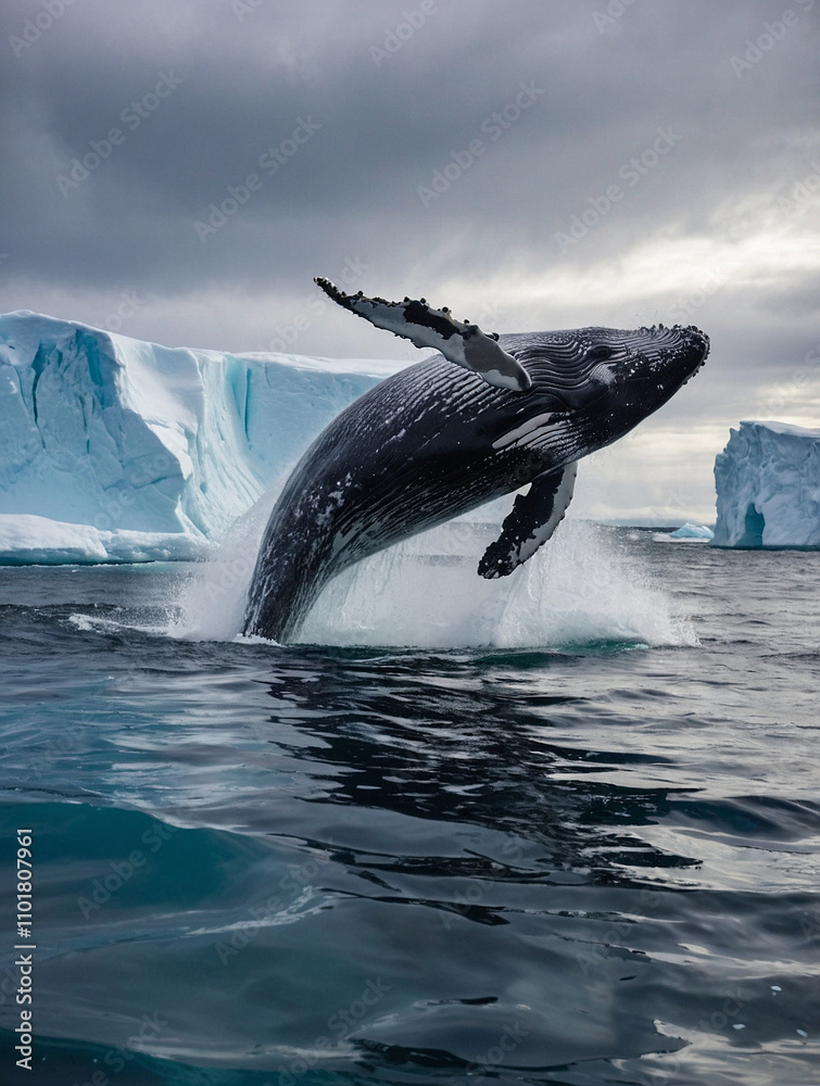Fototapeta premium A stunning scene of a humpback whale breaking through the surface in icy northern waters.