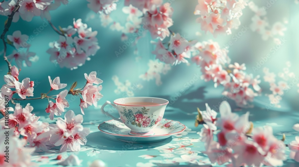 Teacup surrounded by cherry blossoms on a teal background Teacup surrounded by cherry blossoms on a teal background