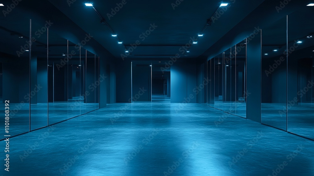 Modern, spacious studio with deep blue lighting and reflective surfaces, ideal for dance, yoga, or fitness sessions, The serene atmosphere is perfect for creative projects or photo shoots, Modern, spacious studio with deep blue lighting and reflective surfaces, ideal for dance, yoga, or fitness sessions, The serene atmosphere is perfect for creative projects or photo shoots,