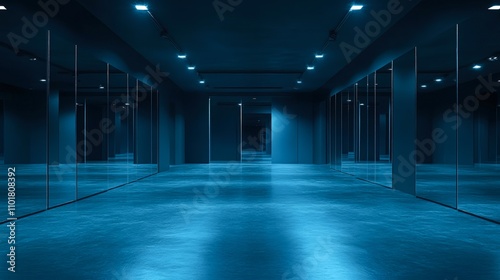 Modern, spacious studio with deep blue lighting and reflective surfaces, ideal for dance, yoga, or fitness sessions, The serene atmosphere is perfect for creative projects or photo shoots,