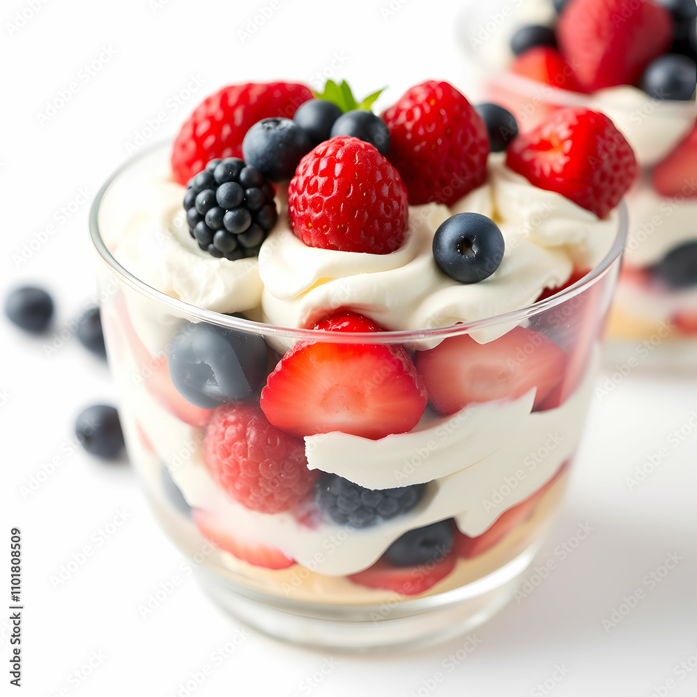 Trifle dessert with berries and cream isolated on white background Trifle dessert with berries and cream isolated on white background