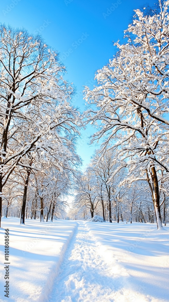 tranquil winter forest scene with snow covered trees and clear blue sky, creating serene atmosphere. path invites exploration through beautiful landscape tranquil winter forest scene with snow covered trees and clear blue sky, creating serene atmosphere. path invites exploration through beautiful landscape