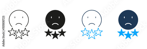 Negative Review Line and Silhouette Icon Set. Sad Emoticon, Bad Feedback Pictogram. Disagree Sign. Dislike Emoji Symbol In Experience Survey Service. Editable Stroke. Isolated Vector Illustration