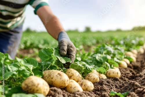 Harvesting fresh potatoes in a sunny field during late afternoon
