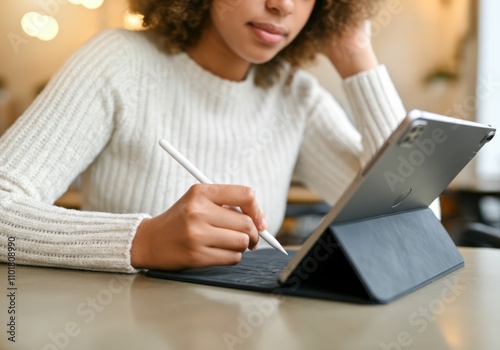 Young woman using stylus on tablet in cozy cafe setting