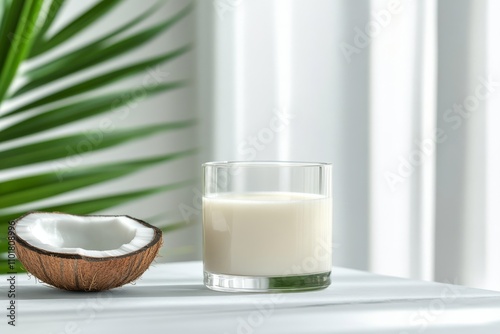 Coconut milk in a clear glass beside a halved coconut on a marble surface wit...
