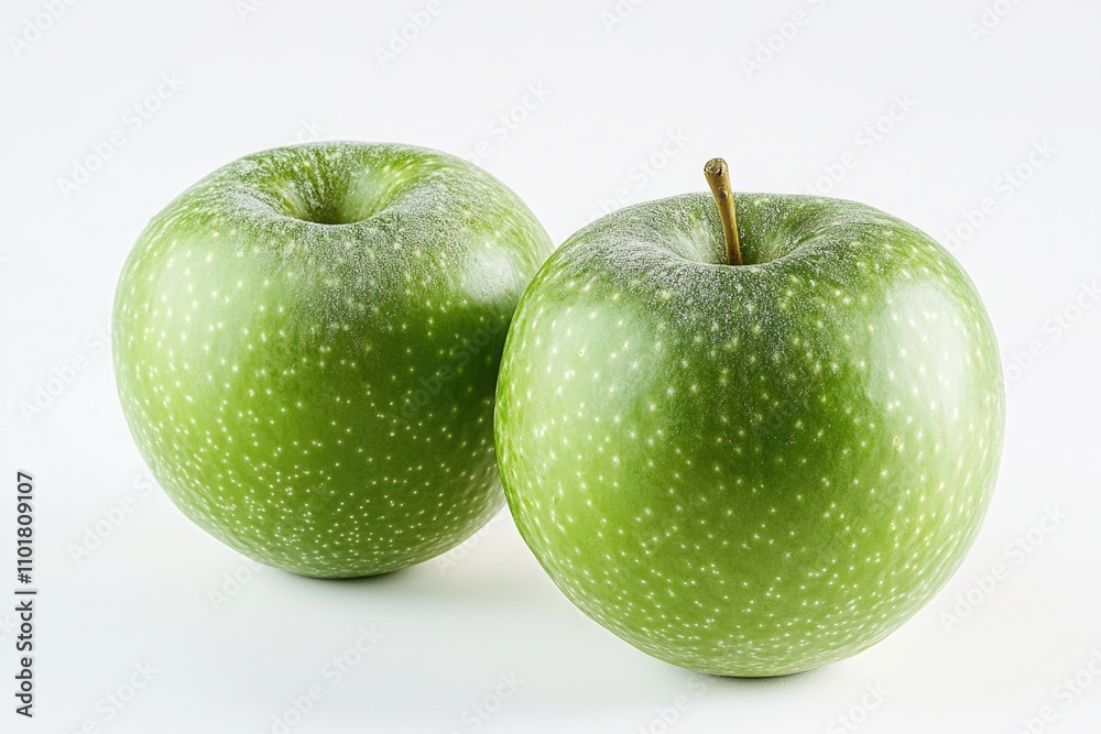 Fresh green apples arranged side by side on a white surface Fresh green apples arranged side by side on a white surface