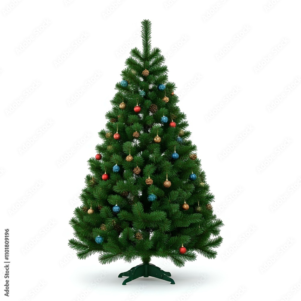 Ein wunderschön dekorierter Weihnachtsbaum, isoliert auf einem weißen Hintergrund. Der Baum ist mit festlichen roten und goldenen Ornamenten sowie strahlenden Lichtern geschmückt, die eine klassische Ein wunderschön dekorierter Weihnachtsbaum, isoliert auf einem weißen Hintergrund. Der Baum ist mit festlichen roten und goldenen Ornamenten sowie strahlenden Lichtern geschmückt, die eine klassische