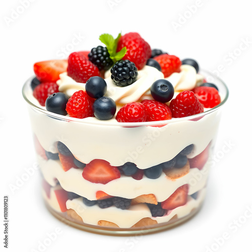 Trifle dessert with berries and cream isolated on white background