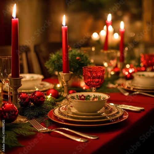 Eine gehobene Weihnachtsdinner-Tischdekoration, perfekt für Werbung oder Designs, die sich auf Feiertagsfeiern und geselliges Beisammensein konzentrieren. photo