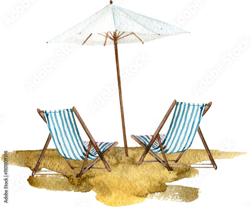 Hand drawn watercolor illustration beach chair and umbrella