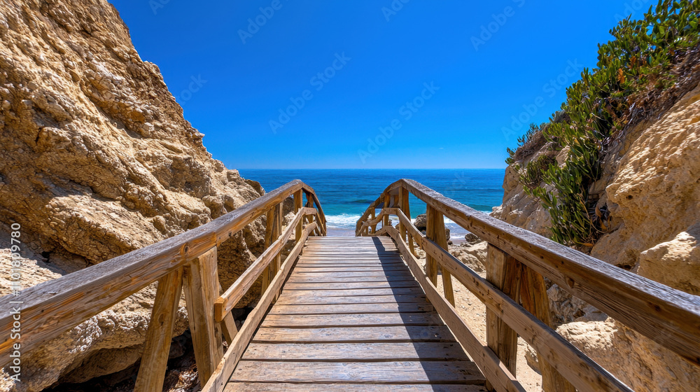 Obraz premium wooden walkway leads to serene coastline, surrounded by rocky cliffs and vibrant greenery. clear blue sky enhances tranquil atmosphere of this coastal scene