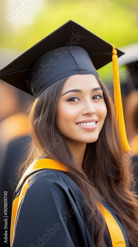 Young graduate smiling with pride during graduation ceremony