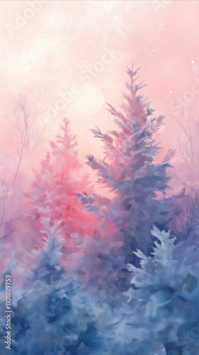 Dreamy winter scene featuring frosty evergreen trees bathed in soft hues of pink, purple, and blue under ethereal dawn sky. Vertical banner for holiday themes, winter landscapes, artistic backgrounds