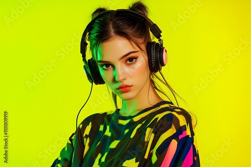 Female dj with headphones enjoying music on a bright neon yellow backdrop photo