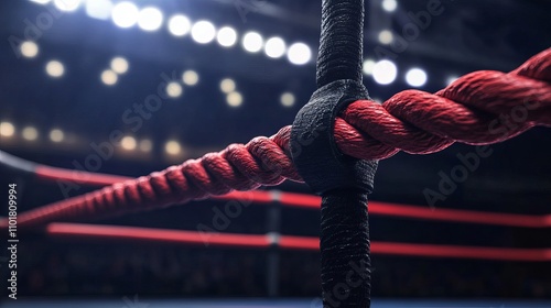 A black and red rope in the boxing ring at the stadium arena.
