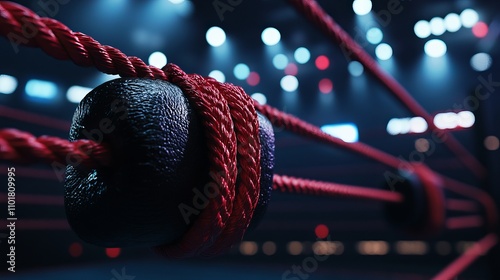 A black and red rope in the boxing ring at the stadium arena.