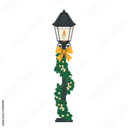 Flat style street lamp with Christmas garland. Winter mistletoe berries. Garland of spruce branches. Festive illustration on white background.