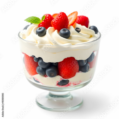 Trifle dessert with berries and cream isolated on white background