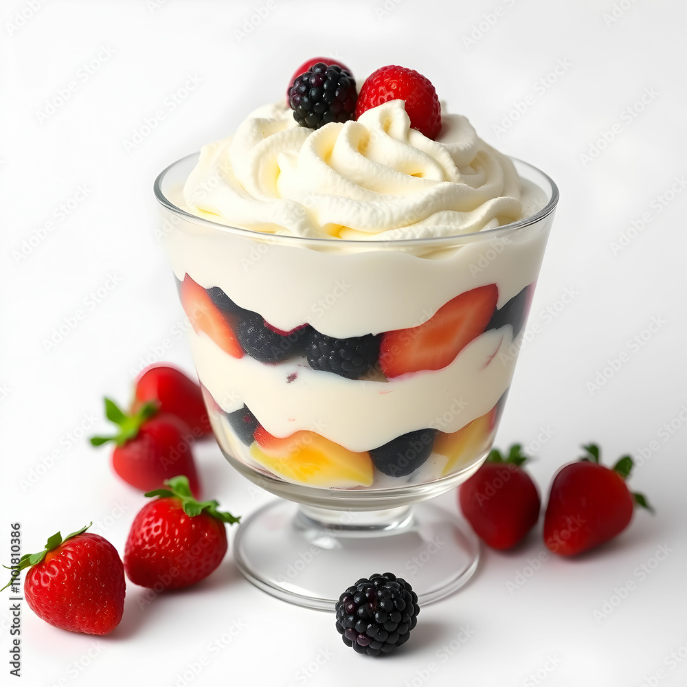 Trifle dessert with berries and cream isolated on white background
