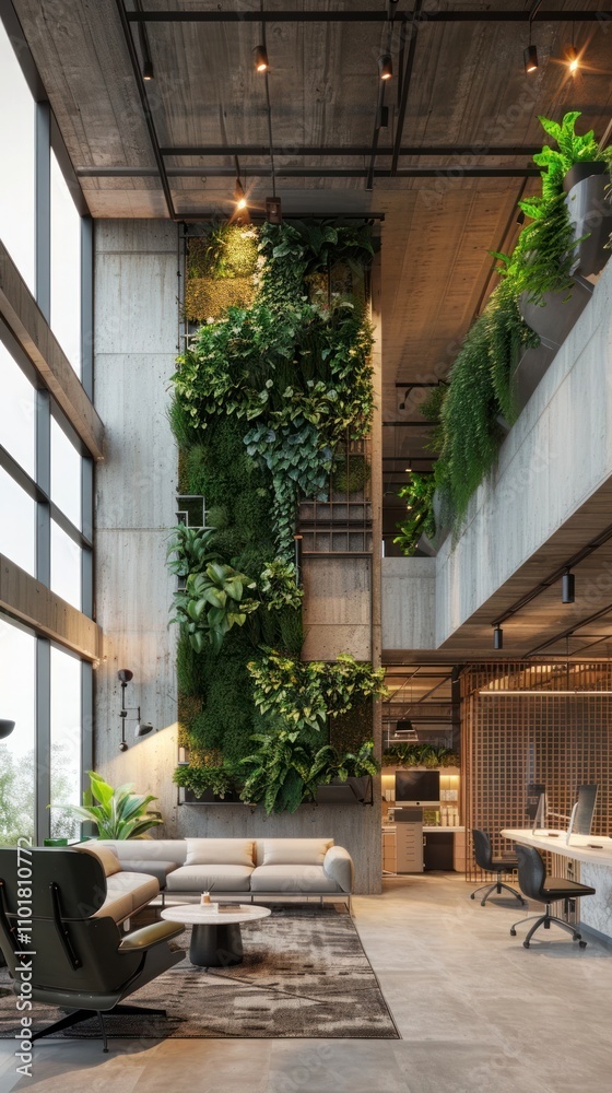 Fototapeta premium Beautifully designed contemporary and minimalist office interior with lush greenery natural wood elements and cozy furniture creating a comfortable and productive work environment