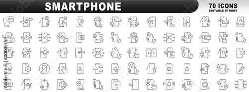 Big set of smartphone related line icons. Device, message, phone, call, app, screen etc. Editable stroke