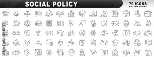 Big set of social policy related line icons. Service, insurance, government, society etc. Editable stroke