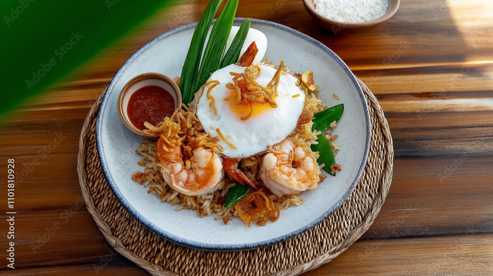 Flavorful shrimp fried rice topped with a sunny-side-up egg and crispy fried onions in a bowl Flavorful shrimp fried rice topped with a sunny-side-up egg and crispy fried onions in a bowl