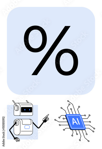 Robot points to an AI chip surrounded by circuit lines and a large percentage symbol above. Ideal for technology, AI, automation, robotics, digital innovation, computing, futuristic themes. Line