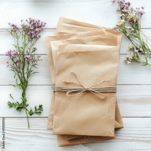 Creative gift wrapping with dried flowers and natural twine on wooden background