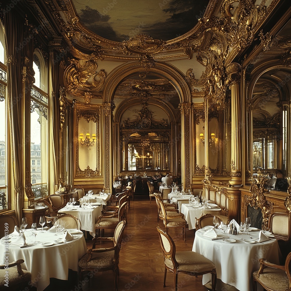 Interior of the famous authentic French STORIG restaurant - preparing to receive large group of guests Interior of the famous authentic French STORIG restaurant - preparing to receive large group of guests