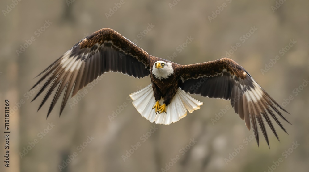 A bald eagle in flight. The eagle's wings are fully extended, showcasing its impressive wingspan A bald eagle in flight. The eagle's wings are fully extended, showcasing its impressive wingspan