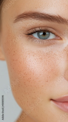 Close up view of a person showcasing beautiful green eyes and freckles on the...