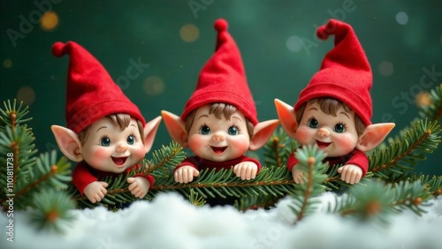 Three little Christmas elves in spruce branches.