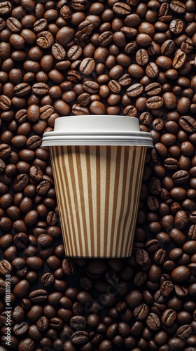Freshly brewed coffee resting among roasted coffee beans on a textured surface